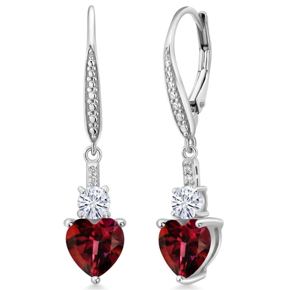925 Sterling Silver 3.09 Cttw Red Mystic Topaz and Moissanite Heart Earrings
